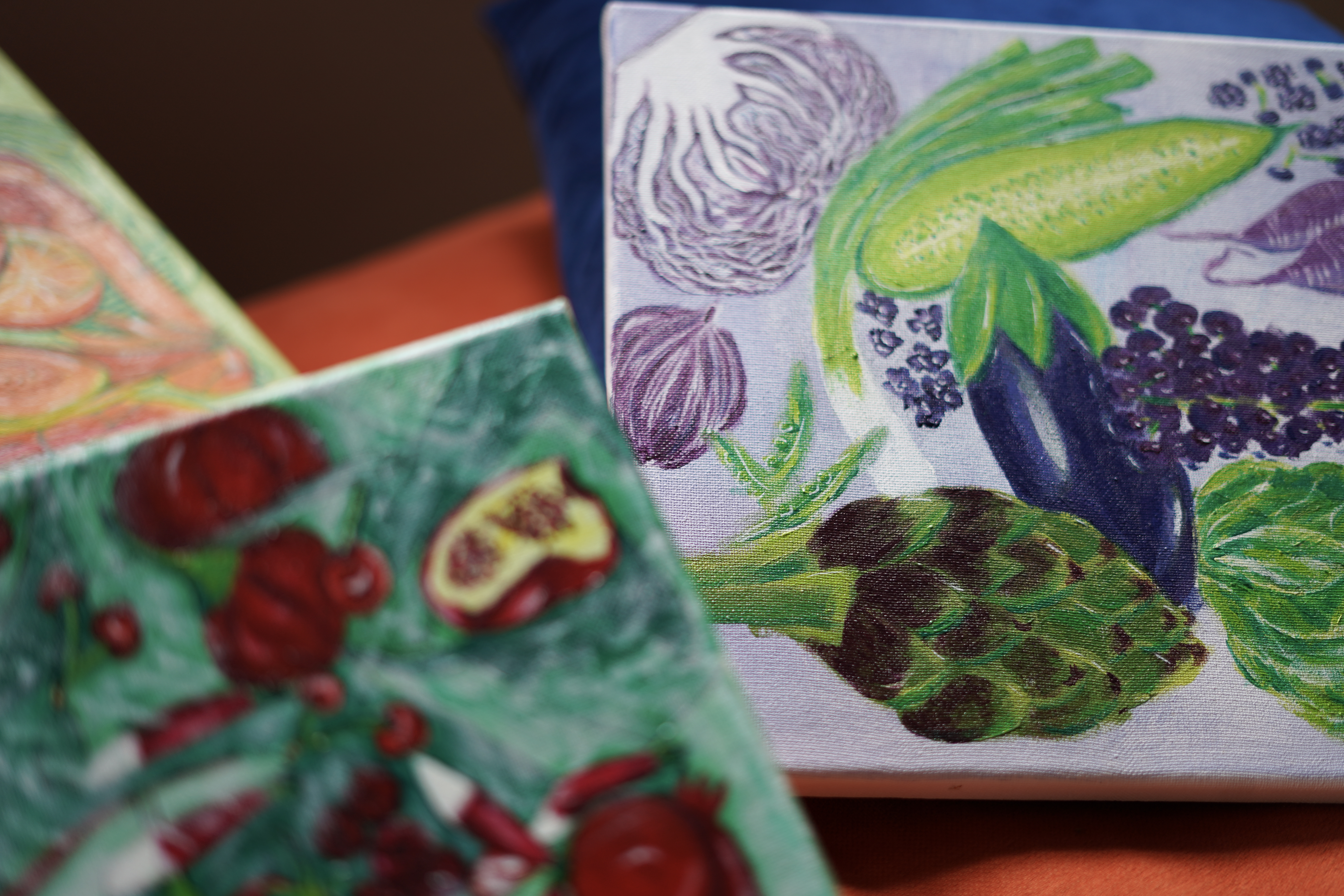 Ensemble de trois peintures de fruits de saison, 30×30 cm, 2024