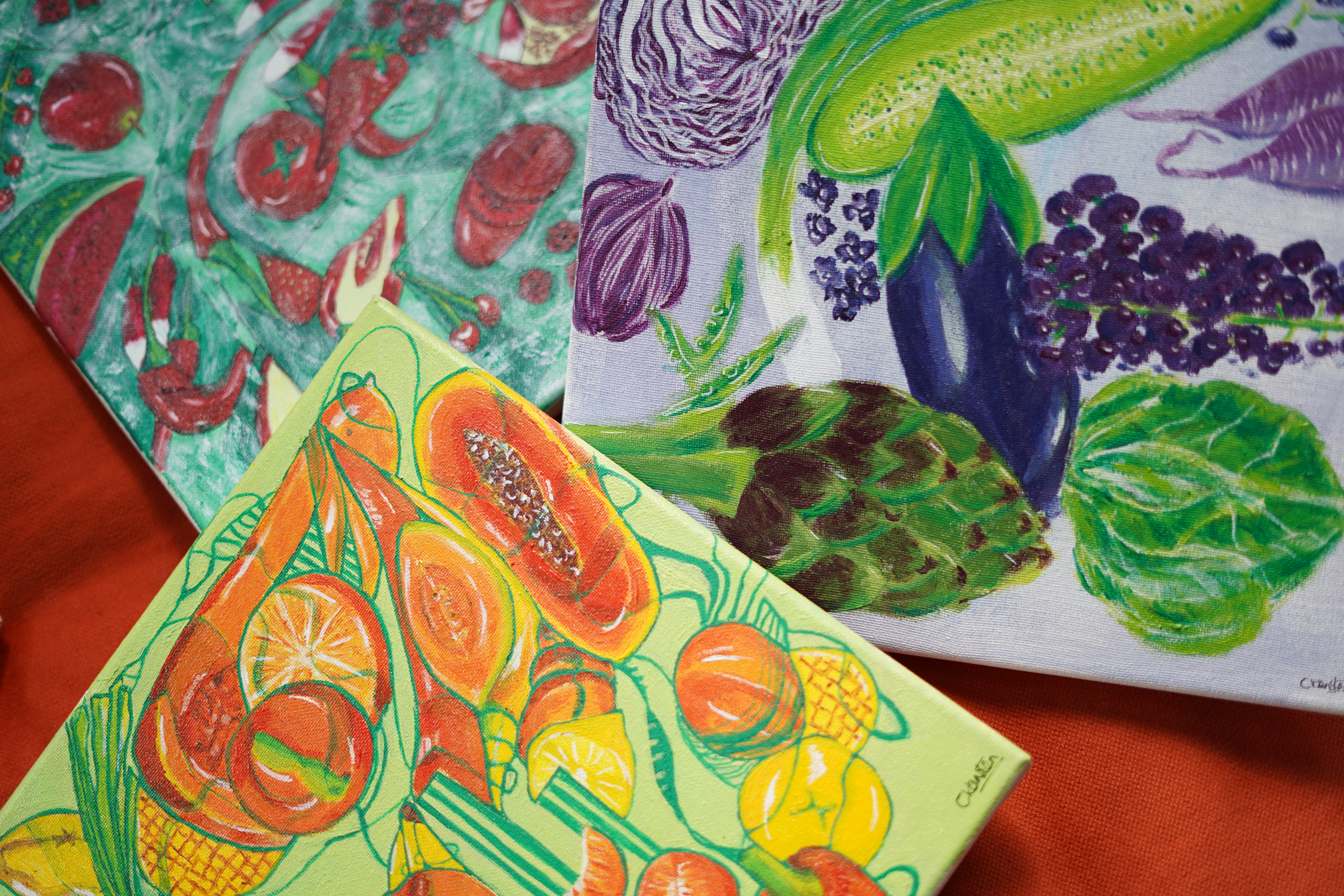 Ensemble de trois peintures de fruits de saison, 30×30 cm, 2024