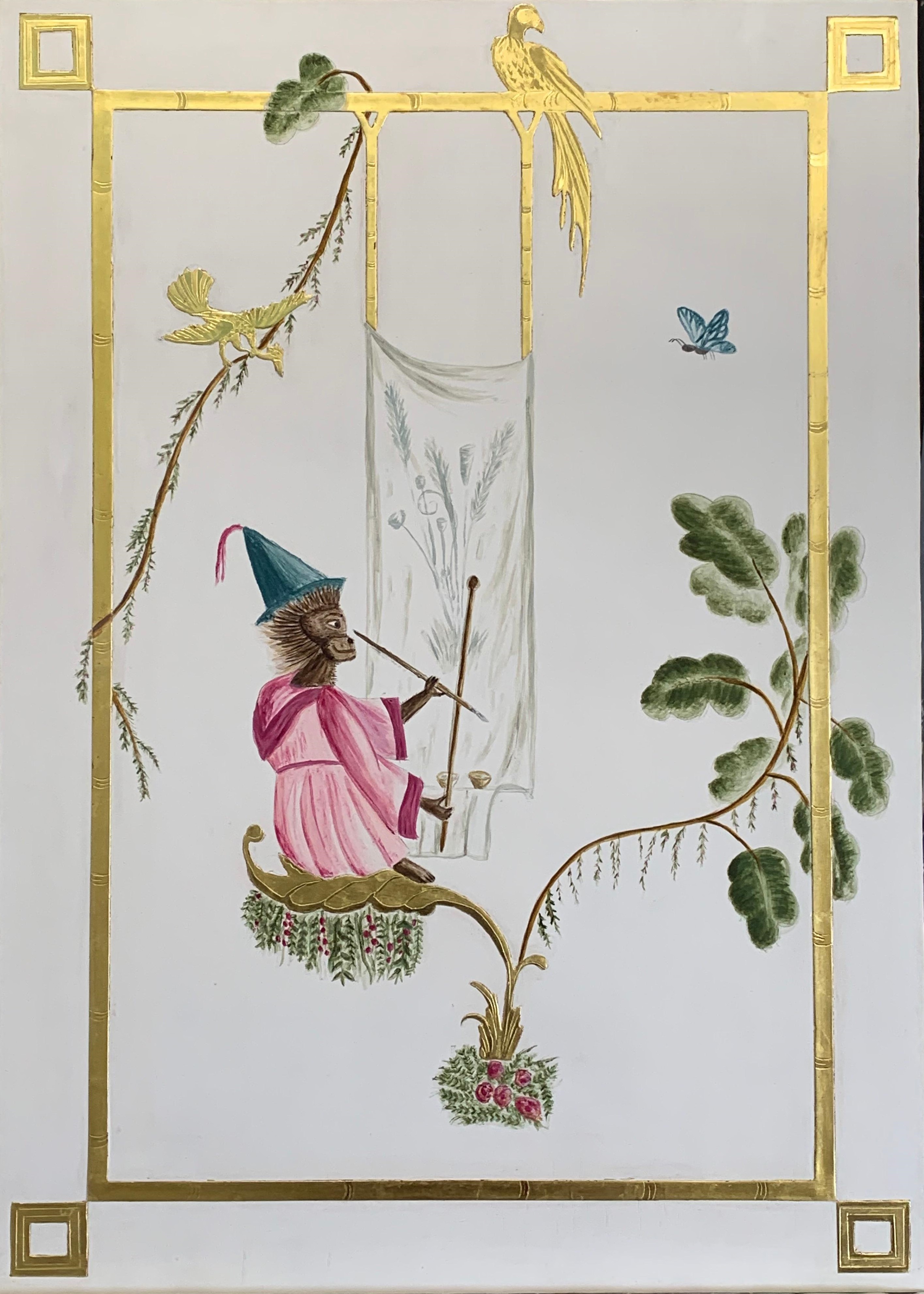 Décor d'époque type singerie, 60×80 cm, 2025 — Dorure à la détrempe et décor à la colle de peau