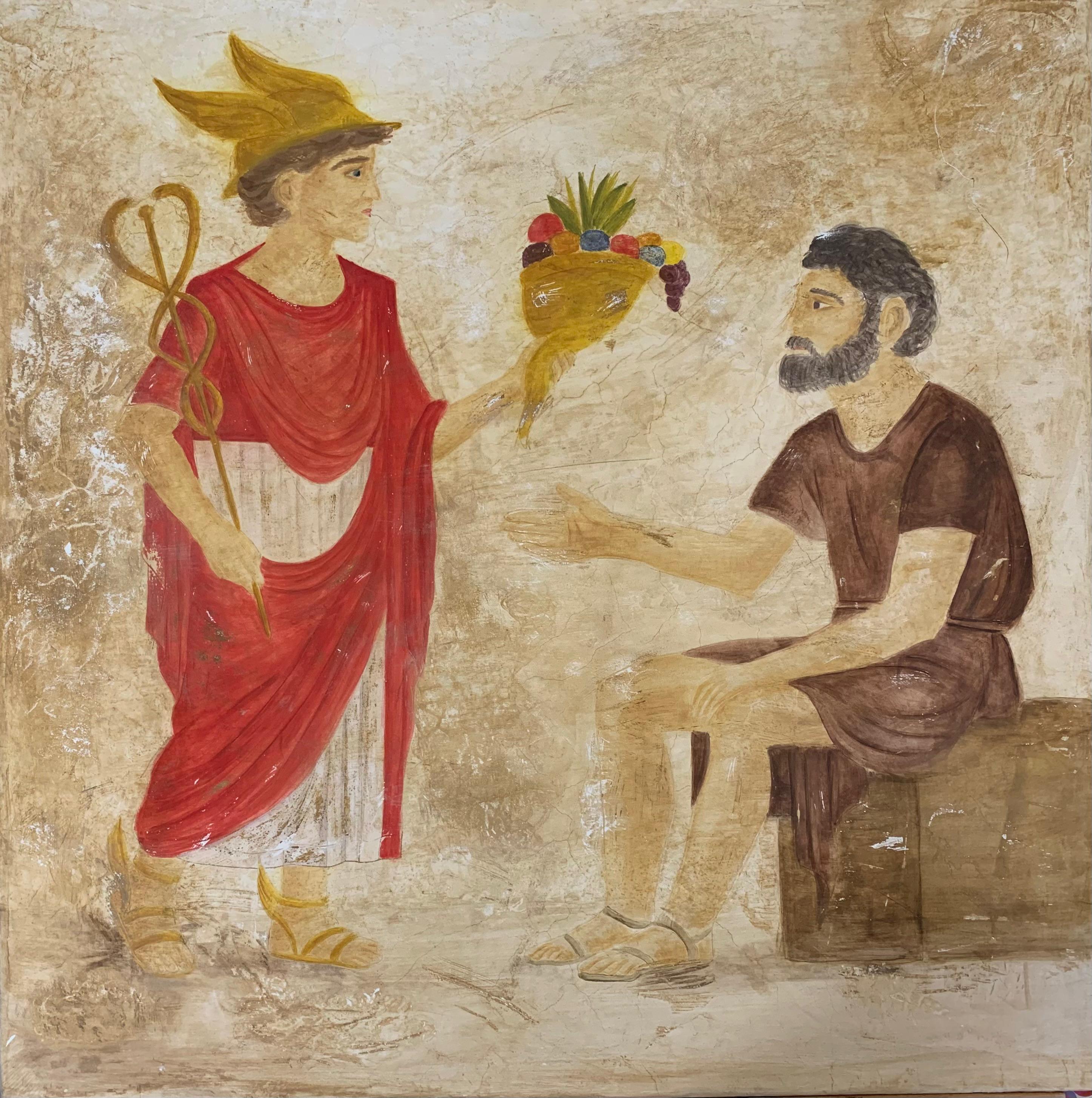 Fresque affresco sur panneau, 80×80 cm — Restitution panneau central, Maison des peintres au travail, Pompéi, 2024